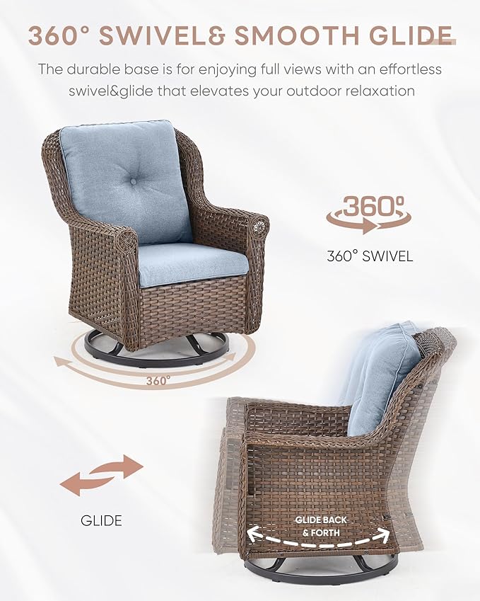 Outdoor Patio Swivel Gliders with Fire Pit Table 5 Piece Set - High Back Brown Wicker Rattan Rocking Chair with Thick Cushion for Porch Apartment Deck Yard Poolside Garden - Baby Blue