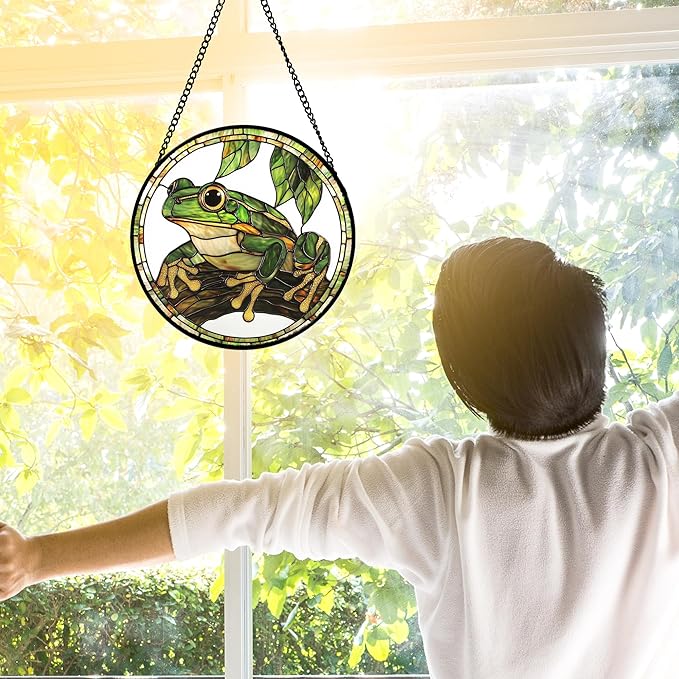 DASTOLL Stained Glass Window Hanging, Frog Green Leaf Sun Catchers Colorful Glass Panel Cool Suncatcher Decor for Birthday for Women, Men, Wife, Aunt, and Mom 6.3 in