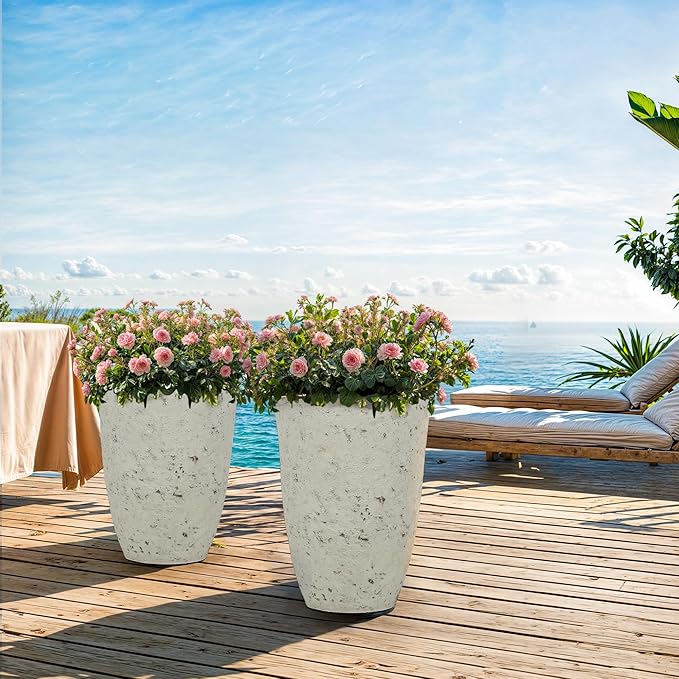 19.5" Plant Pots Tall Resin Planters for Plants Set of 2 Outdoor Country Large Flower Pot Front Porch Decor Handmade Birch Bark Texture Heavy-Duty Weather-Resistant Home Garden Indoor White