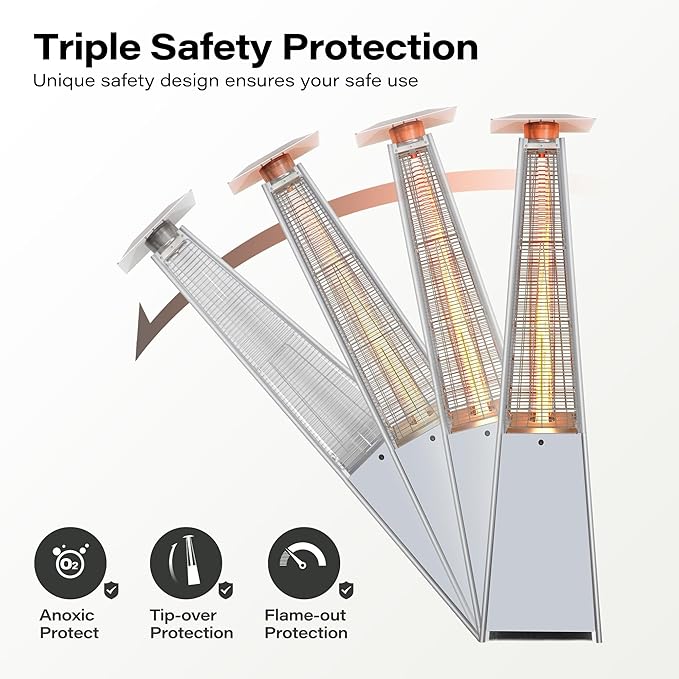 LAUSAINT HOME Pyramid Patio Heaters for Outdoor Use, 48,000 BTU Outdoor Propane Heaters for Patio with Cover & Wheels, 87" Tall Quartz Glass Tube Flame Heater for Deck, Party, Commercial, Restaurant