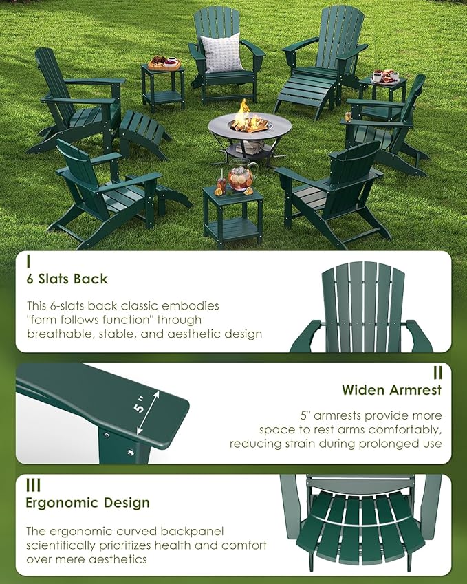 GREENVINES Adirondack Chairs Set of 4 | HDPE Plastic | Oversized Fire Pit Chair | All Weather | Forest | Poly Lumber | for Outdoor Deck Backyard Patio Garden