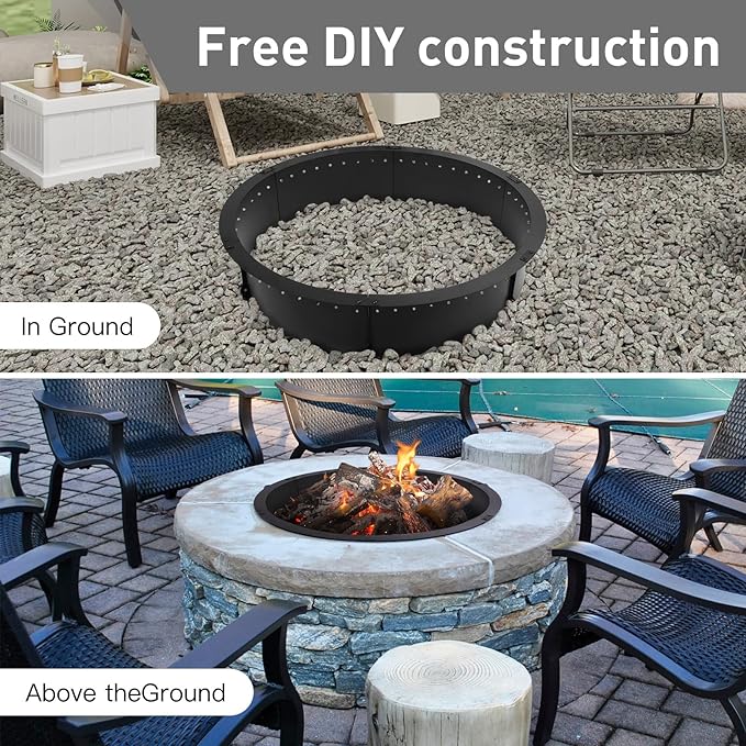 45 inch Fire Pit Ring,Large Round Firepit for Outdoor Fire Liner Wood Burning Heavy Duty Metal Campfire Ring Above or In-Ground, Black 45-Inch Outer/40-Inch Inner Diameter