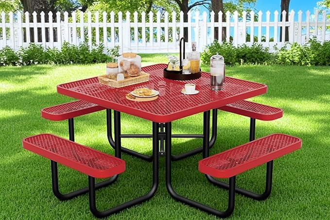 HIMcup 46" Square Picnic Table for Outside,Heavy Duty Metal Picnic Table Bench Set with 2in Umbrella Hole, 1600 lb Capacity,Commercial Dining Table Furniture for Garden Yard Patio Party Coffee Shop