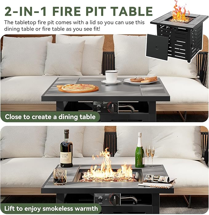 Aoxun 28" Propane Fire Pit Table Ceramic Top, 50000 BTU Outdoor Patio Heater with Lava Rocks, Rectangle Gas Fire Pits for Outside Patio with Removable Lid, Black