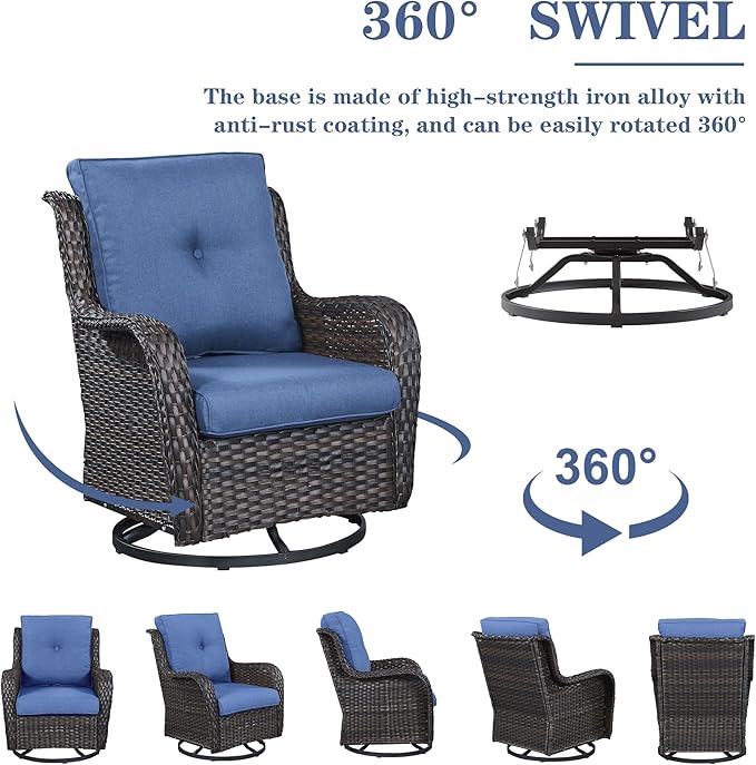 Belord Outdoor Wicker Furniture Patio Set - 7 Piece Backyard Furniture Brown Rattan Conversation Sets with Swivel Rocker Chairs, Rattan Sofa, Club Chairs and Coffee Table, Blue Cushion