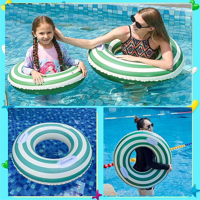 Large Striped Pool Floats- Inflatable Pool Floats for Adults- 2 Pack Striped Floaties Pool Tubes Swim Rings with Handles Inflatable Pool Float for Swimming Pool Party Lake Beach Adults