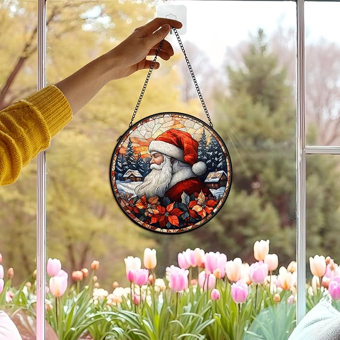 cvjutf Christmas Santa Suncatcher Stained Glass Window Hanging Decor, Farmhouse Winter Xmas Santa Stained Glass Wall Decor, Christmas Garden Sun Catchers Indoor Window Hanging Wall Art Lawn, 7.9x7.9In