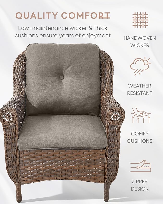 3 Piece Patio Brown Wicker Chairs with Side Table - Outdoor High Back Heavy Duty All-Weather Lawn Dining Rattan Chair Conversation Bistro Set for Deck Porch Balcony Backyard Garden - Grey