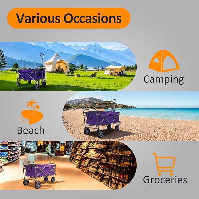 150 LBS Collapsible Wagon Cart, Large Capacity Utility Cart with All-Terrain Wheels, for Camping, Garden, Shopping and More, Purple