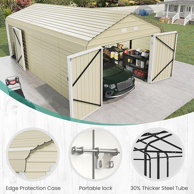 EROMMY 12x24 FT Heavy Duty Carport - Galvanized Steel Frame Car Shelter with Reinforced Base, Enclosed Storage Shed for Cars & Trucks, Gray