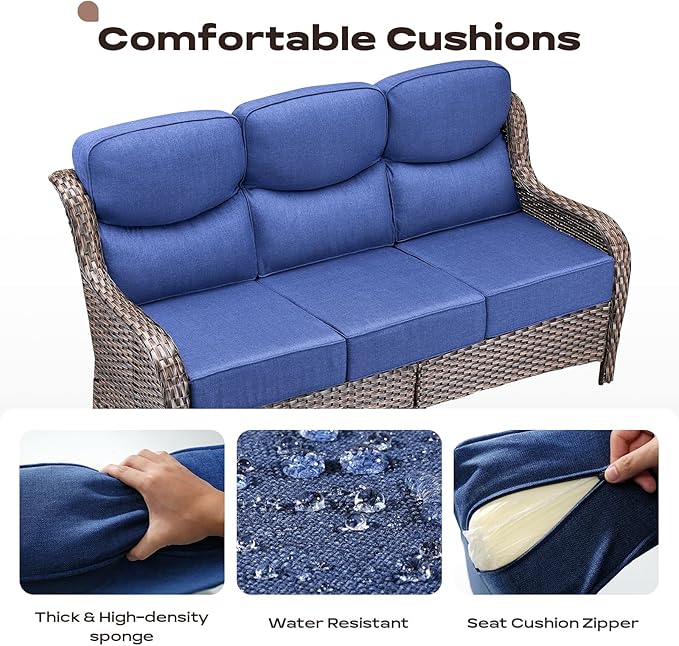Rilyson Wicker Outdoor Patio Furniture Set - 7 Piece Patio Conversation Sets with Swivel Rocker Chairs, Ottomans and Sofa, 6 inch Cushions, Waterproof Wicker, for Porch Deck Brown/Blue