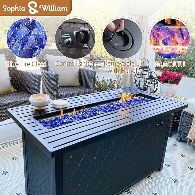 Sophia & William Patio Furniture Sets with 45" Gas Fire Pit Table Outdoor Metal Conversation Sets for 5, 2 x Swivel Cushioned Patio Sofa Chairs, 1 x 3-Seat Sofa 4 Pieces for Lawn Backyard Beige