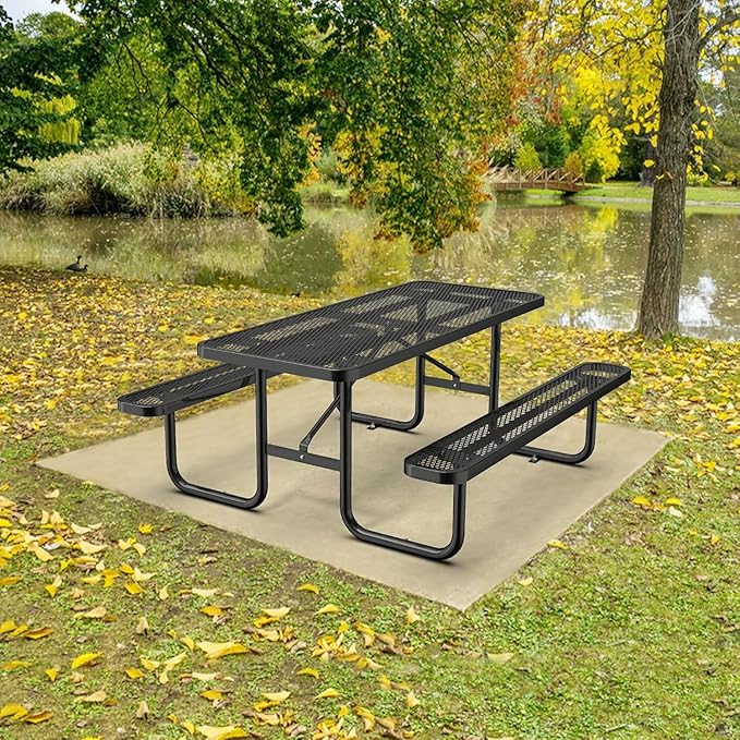 dafrigic 72" All Weather Resistant Commercial Picnic Table for Outdoors, Heavy Duty Picnic Table up to 2800 lbs with Expanded Metal for School, Warehouse, Coffee Shop, Black