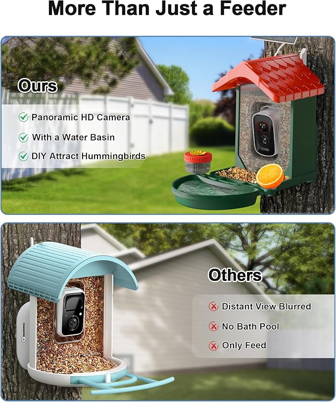 2-in-1 Smart Wild Bird Feeder & Bath with 4K HD Camera, AI Identification Solar Bird Feeder Watching Camera Night Vision for Outdoor Birds Watching Gifts for Birdlover, Red & Green