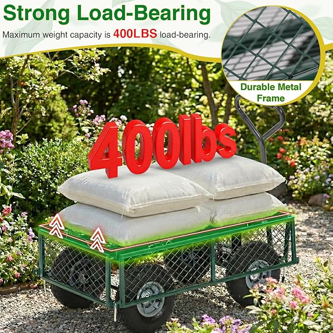 BestMassage Heavy Duty 500 Lbs Capacity Mesh Steel Garden Cart Folding Utility Wagon with Removable Sides for Beach Lawn Yard Landscape (Deep Green)