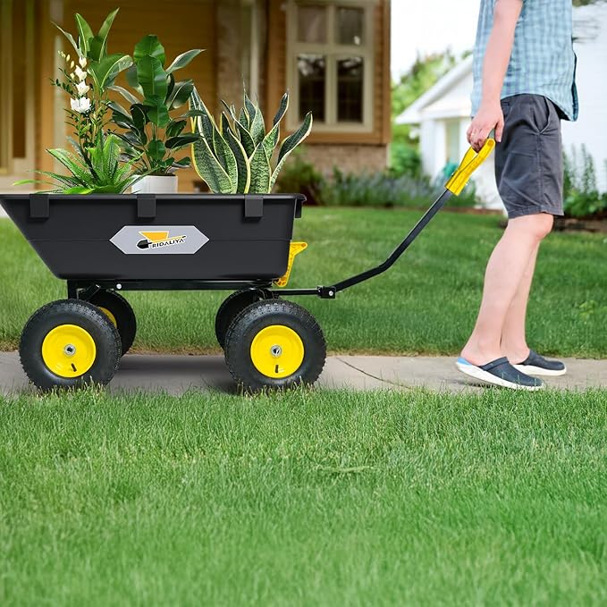 Garden Dump Cart, Heavy-Duty Utility Wagon with 1200 lbs Capacity, 6 Cu Ft Bed, 12.6" Pneumatic Tires, 180° Pivot Steering for Yard, Lawn, and Beach Use