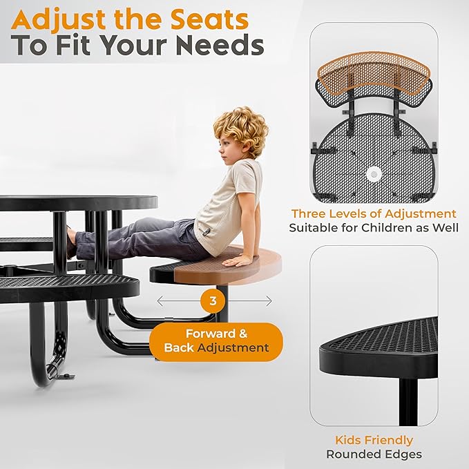 OUTTANS Round Metal Picnic Tables for Kids for Outdoors with Umbrella Hole, Adjustable Seats for School, Park, Playground (Black, 38 in, Kids, Expanded Steel)