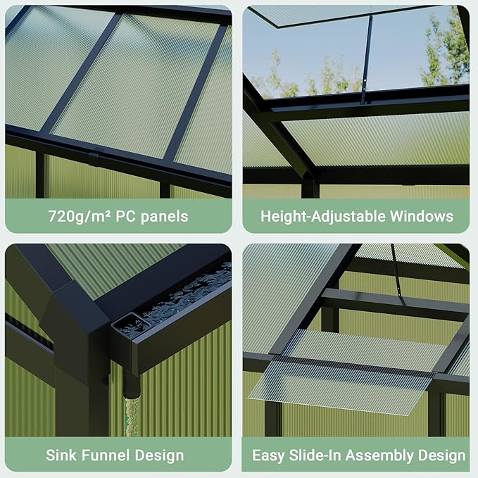 6x10 FT Greenhouse, Polycarbonate Walk-in Greenhouse for Outdoors with Roof Vent & Lockable Smooth-Gliding Sliding Door, Heavy-Duty Aluminum Green House for Garden, Backyard, Patio, Lawn, Dark Grey