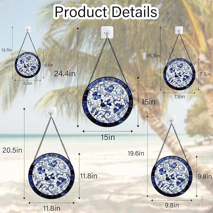 AMDERVEN Stained Glass Window Hanging, Blue and White Abstract Flowers Sun Catcher for Door Home Decor Suncatcher Christmas Mother's Day Birthday Gifts for Women Men Mom and Nana 15 in