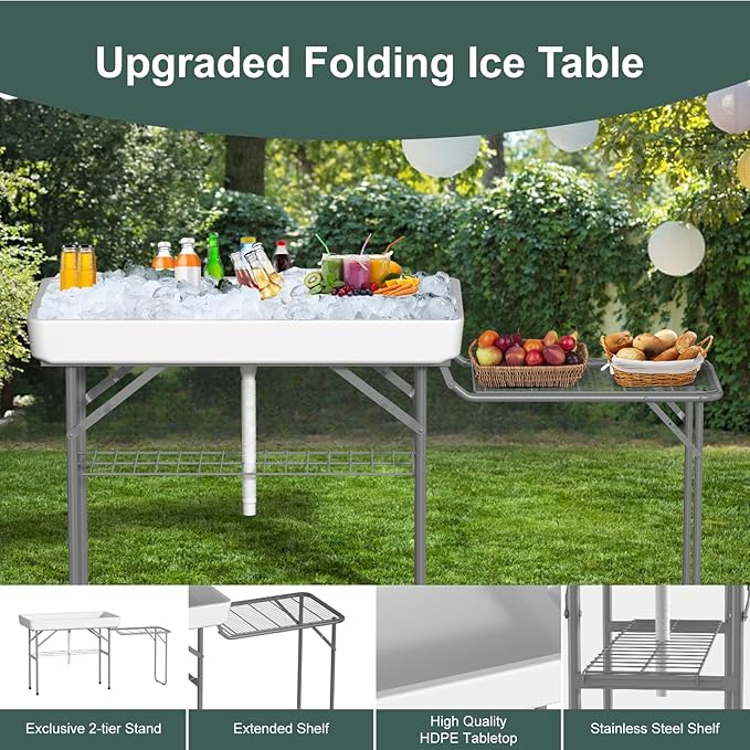IWDOO Ice Cooler Table with Foldable Extension Stand, 4 Foot Outdoor Ice Table with Matching Skirt & Drain Hose, Folding Cooler Tables with Metal Shelf for Party, BBQ, Camping Picnic, White
