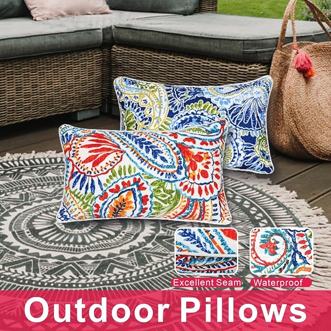 JMGBird Outdoor Lumbar Pillows Set of 2 with Insert - 12x20 Inch Waterproof Outdoor Pillows for Patio Furniture