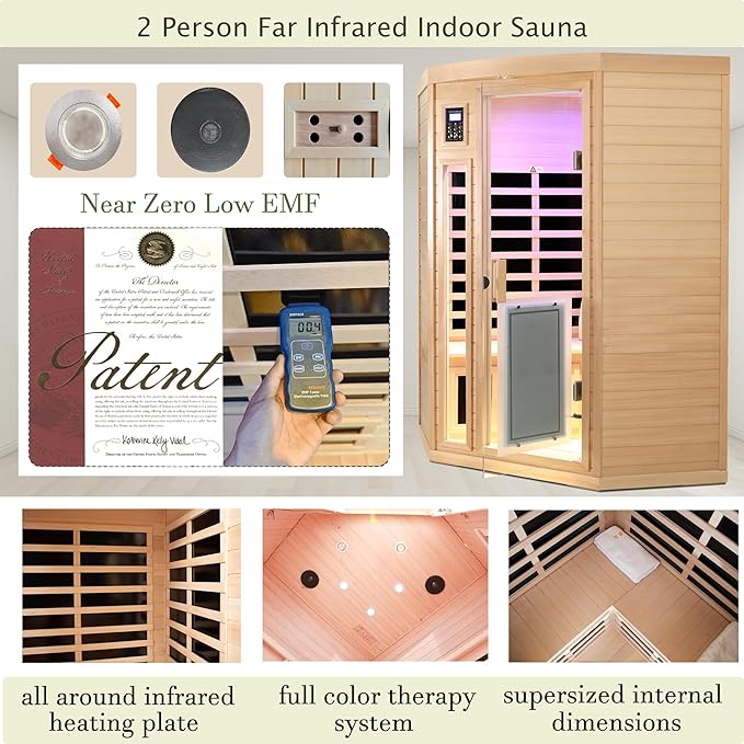 2-3 Person Infrared Sauna, 0-5mg Low EMF Infrared Saunas for Home, Indoor Home Sauna Spa, Hemlock Wooden Corner Sauna Room, Bluetooth Speakers, Chromotherapy Lights