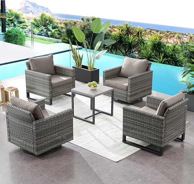 HUMMUH 5 Piece Patio Furniture Set,PE Wicker Patio Swivel Rocker Chairs Outdoor Chairs Set of 2 with Side Table for Porch,Garden,Backyard