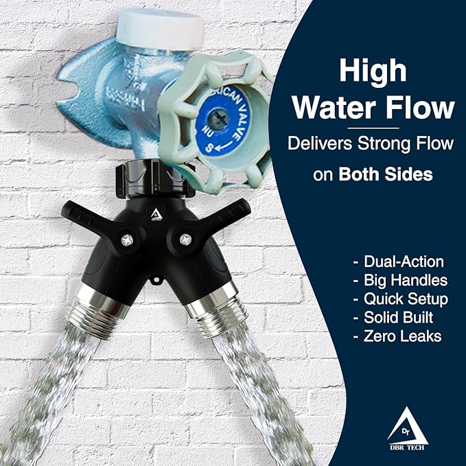 DBR Tech® Garden Hose Splitter 2 Way Heavy Duty | Faucet Adapter with Long Handle, Outdoor Water Spigot Hose Bib Y Wye Splitter, Dual Outlet Shut Off Valve Hose Connector, Leak Free