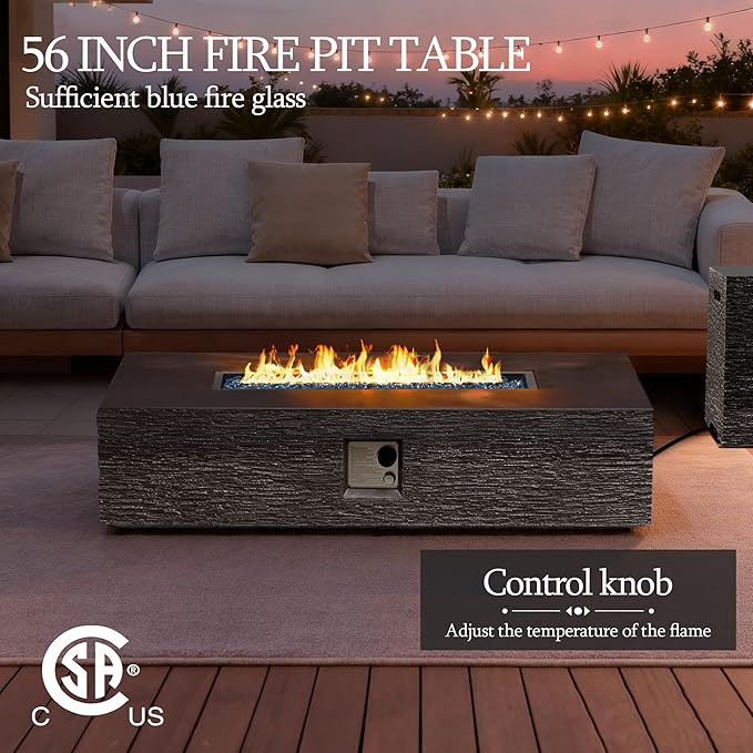 UPHA 56-inch Outdoor Propane Gas Fire Pit Table 50000 BTU Concrete Rectangle FirePit for Outside Patio with Wind Guad, Blue Glass Rocks, Rain Cover, Grey Horizontal Stripe