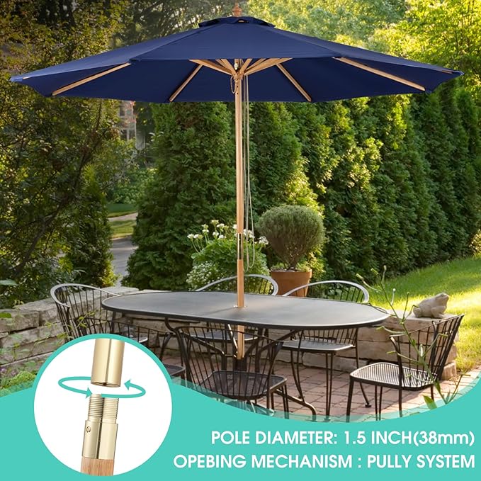 9ft Bamboo Umbrella, Outdoor Patio Umbrella, Waterproof Market Umbrella, 8 Ribs Table Umbrella with Pulley Lift for Garden, Deck, Pool, lawn, Backyard