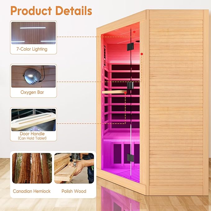 Indoor Sauna Two Person Far Infrared Saunas for Home 1 - 3 Person Wood Sauna Canadian Hemlock 2180W/110V Low EMF Dry Sauna Room with Oxygen Bar/7 Color Therapy/9 Heating Plates/Control Panel/Speaker