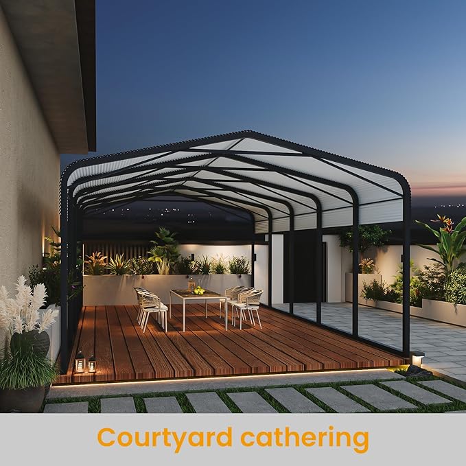 Unovivy 15x25 FT Metal Carport, Large Outdoor Heavy Duty Carport with Galvanized Steel Roof and 4 Support Feet, Spacious Vehicle Shelter for Cars, Boats, RVs, and Outdoor Equipment