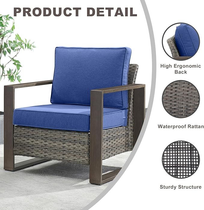 Rilyson Outdoor Wicker Patio Furniture Set - 5 Piece Patio Conversation Set with 2 Wicker Armrest Chairs,2 Rattan Ottoman, 1 Side Table, Sturdy Frame, Thick Cushions, Deep Seating(Mixed Grey/Blue)