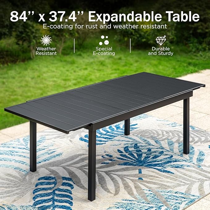 PHI VILLA Expandable Outdoor Dining Table for 6-8, Rectangle Metal Wrought Iron Extendable Table, Large Dining Furniture for Patio, Yard, Porch, Deck