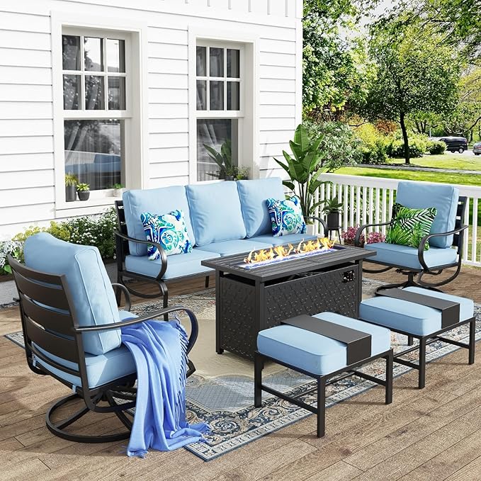 MFSTUDIO 6 Pieces Patio Furniture Sets with 45" Gas Fire Pit Table(Up to 7 Seat),Outdoor Metal Conversation Sofas with 1 x 3-Seat Sofa, 2 Swivel Chairs and 2 Ottoman,Blue Cushion