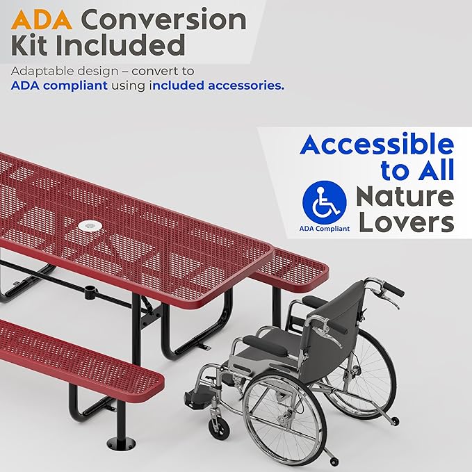 Metal Picnic Furniture for Outdoors with Umbrella Hole - Coated Steel Heavy Duty Commercial Grade Table with Adjustable Seats, Patio Set for a Lifetime (Red, 8' Rectangular)