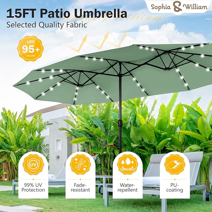 Sophia & William 15 ft Extra Large Patio Umbrella with Solar Lights, Rectangular Outdoor Umbrella with Base Included, Market Umbrella Double-sided Heavy Duty for Pool Garden Backyard, Mint