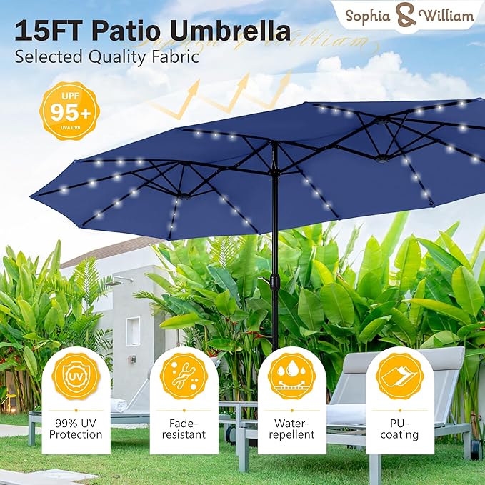 Sophia & William 15 ft Extra Large Patio Umbrella with Solar Lights, Rectangular Outdoor Umbrella with Base Included, Market Umbrella Double-sided Heavy Duty for Pool Garden Backyard, Haze Blue