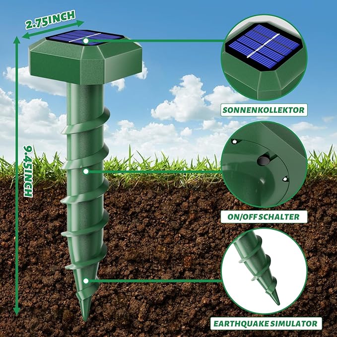 Mole Repellent Solar Powered 6 Pack,Ultrasonic Gopher Repellent,IP 65 Waterproof Outdoor Sonic Deterrent,Effective Get Rid of Snake Vole, Chipmunk Skunk Groundhog,Family & Pet Safe
