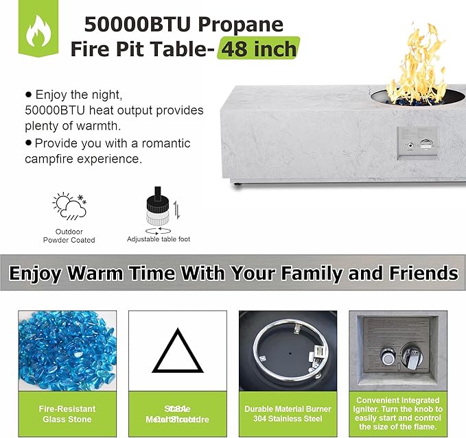 Dineli 2-Piece Outdoor Propane Fire Pit Table Set w Tank Table 48'' Rectangular Firepit Gas Fire Pits for Outside Patio Fire Table Tabletop Fire Pits w CSA Certified, 50,000 BTU, Stone-Look Marble