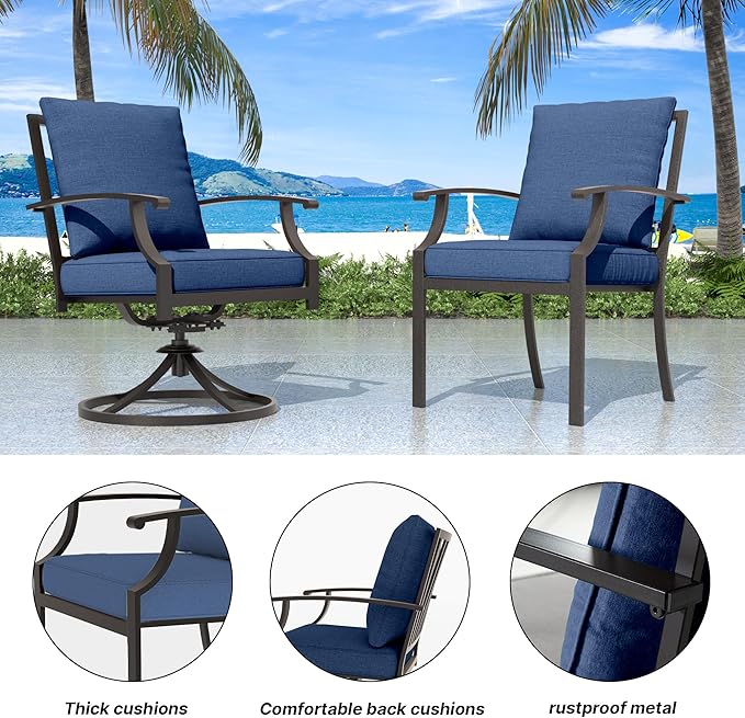 5 Pieces Patio Furniture Set with Round Fire Pit Table, Outdoor Conversation Sets 4 Swivel Chairs with Upgrade Cushions for Patio, Backyard Dark Blue