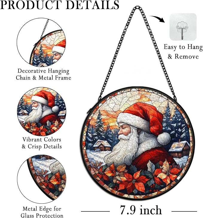 cvjutf Christmas Santa Suncatcher Stained Glass Window Hanging Decor, Farmhouse Winter Xmas Santa Stained Glass Wall Decor, Christmas Garden Sun Catchers Indoor Window Hanging Wall Art Lawn, 7.9x7.9In