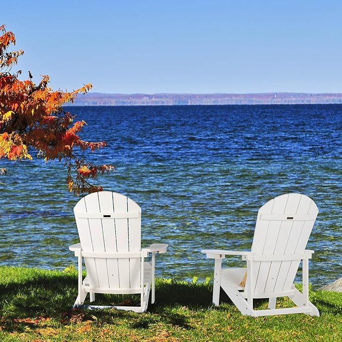 Adirondack Chair, All Weather Resistant Plastic Chairs with Cup Holder, 5 Easy Steps to Install, Outdoor Chairs for Patio, Garden, Backyard Deck, Lawn, Fire Pit - White