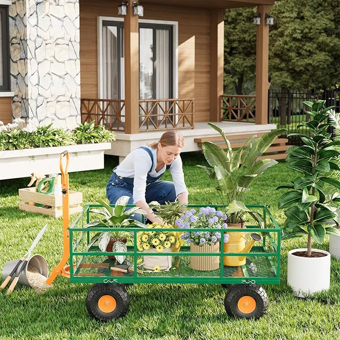 Versatile Garden Cart for Lawn and Yard with Heavy Duty Steel, 1200 Lbs Capacity Mesh Steel Garden Cart Folding Utility Wagon with Removable Side Panels, Long Handle, 10" Tires - Green and Orange