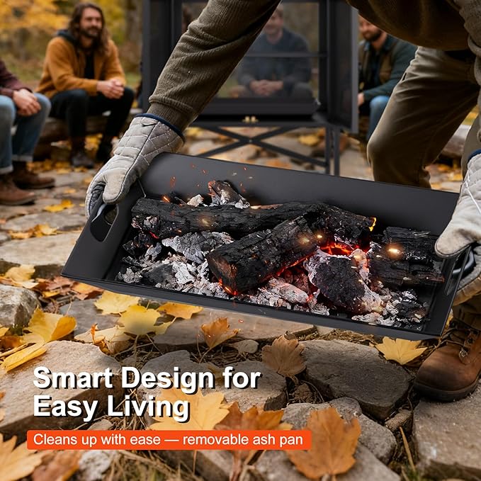 Fire Pits for Outside Wood Burning - 39" H Square Metal Outdoor Chiminea Fireplace with Grill, Mesh Spark Screen & Fire Poker, Ideal for Garden, Backyard, Patio, Party, Camping, Picnic, BBQ, Bonfire