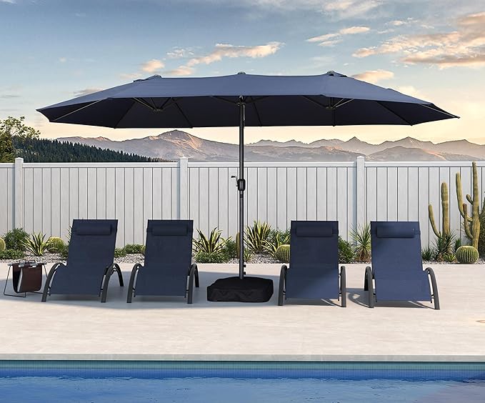 PURPLE LEAF 15ft Patio Market Umbrella with Base Double-Sided Rectangle Outdoor Table Sun Umbrellas with Crank 12 Heavy Duty Sturdy Ribs for Pool Beach Deck Backyard Navy Blue