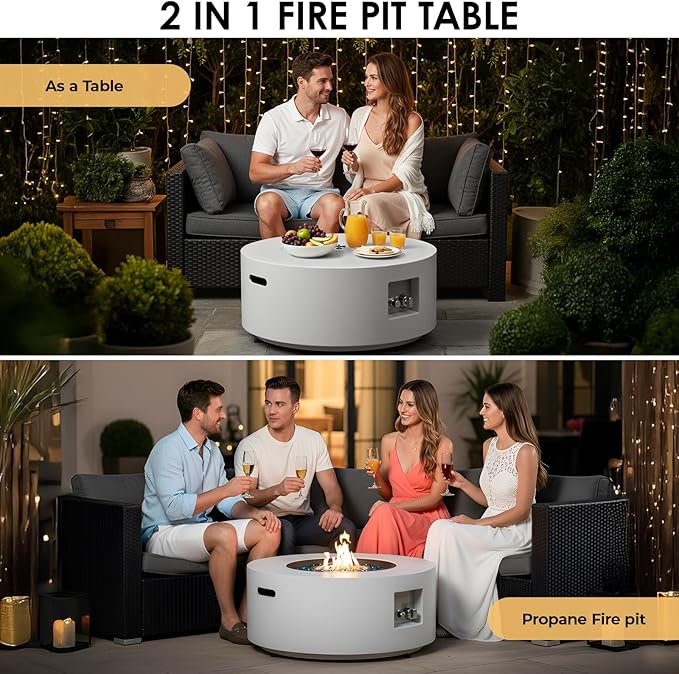 TLGREEN 30in Propane Fire Pit Table Set,2 in 1 Round Patio Table,50,000 BTU,Rain Cover,Outdoor Gas Firepit,304 Stainless Burner,Adjustable Legs, Blue Glass for Backyard, Garden,Pool,Balcony,light grey