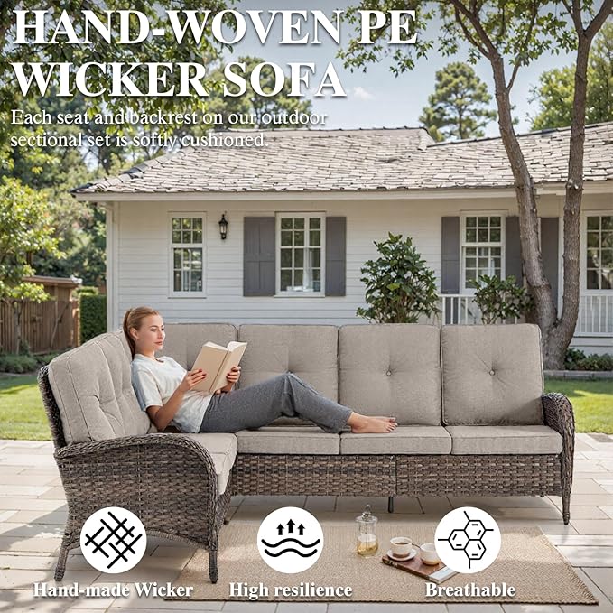 HUMMUH Outdoor Patio Furniture Set,L-Shaped Sectional Couches with Swivel Patio Chairs,Wicker Conversation Set for Deck,Backyard,Porch,Garden