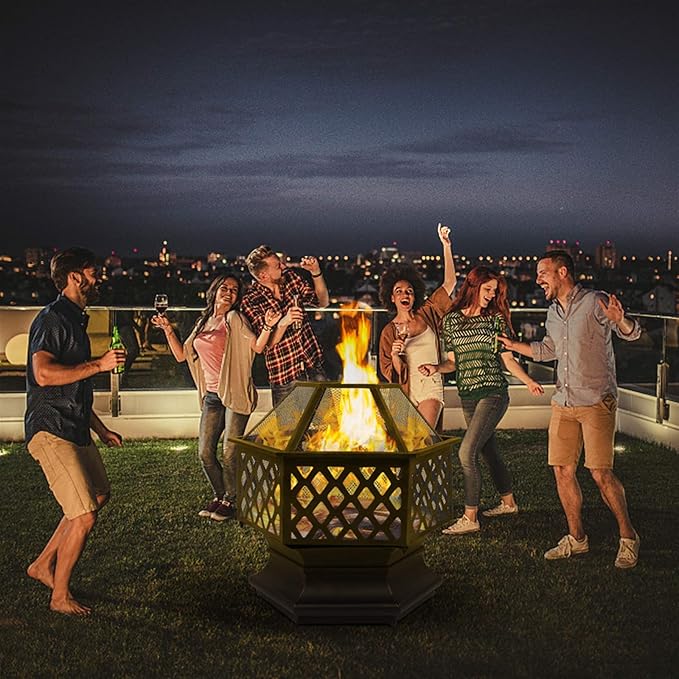 Outdoor Hex-Shaped Fire Pit, Portable Wood Burning Firepit for Outside, 22 Inch Metal Bonfire Fire Pits with Mesh Lid and Poker for Backyard Heating, Garden, Patio, Beach, Poolside, Picnic, Camping