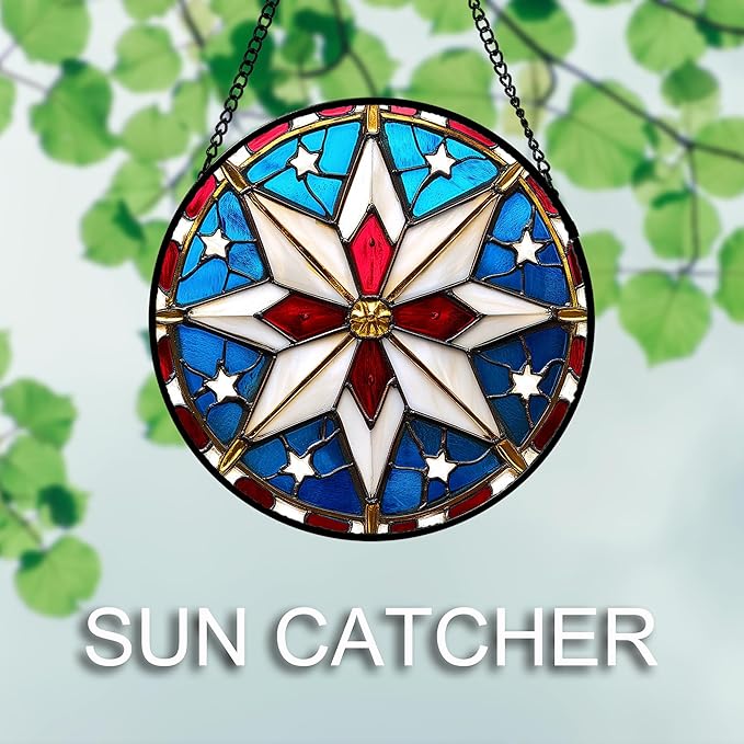 AMDERVEN Stained Glass Window Hanging 4 Pcs Set Abstract Flowers in Red White Blue 7.8" - Suncatcher Door Garden Sun Catcher Decor Birthday Mother's Day Xmas Gift for Mom Woman Nana Men Parents